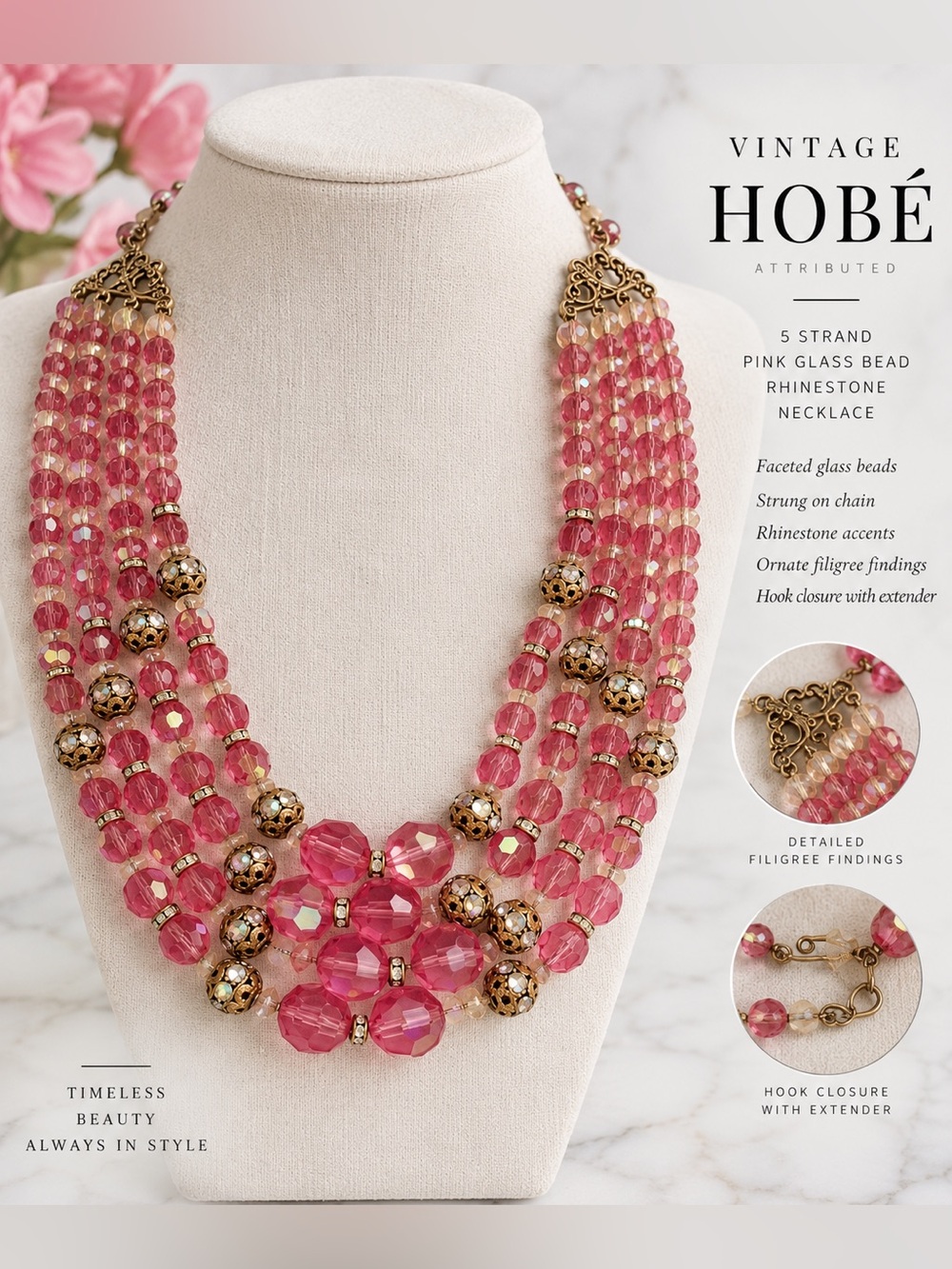 Vintage Hobe Unsigned Pink Five-Strand Glass Bead Necklace